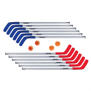 12 bâtons de hockey 47", 2 balles, 2 rondelles