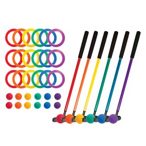 Ens. de mini-golf, 6 bâtons, 6 balles et 18 anneaux